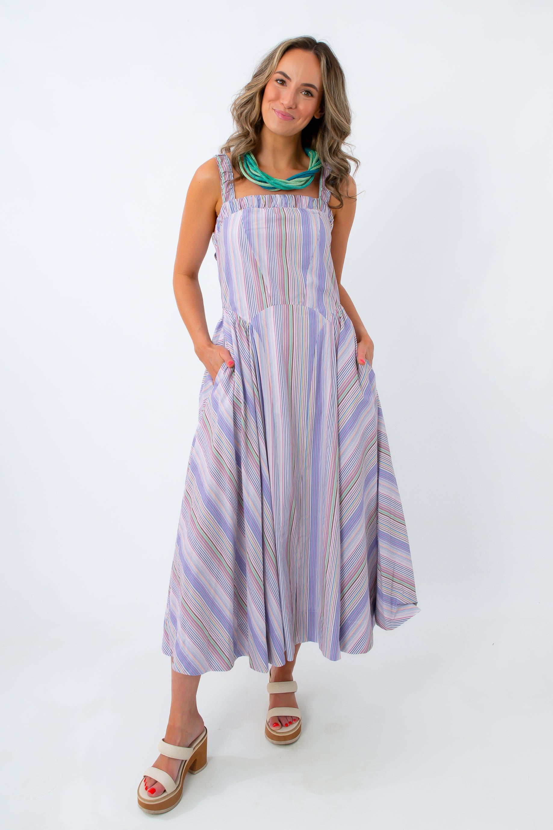 pastel Stripe Square Neck Midi Dress