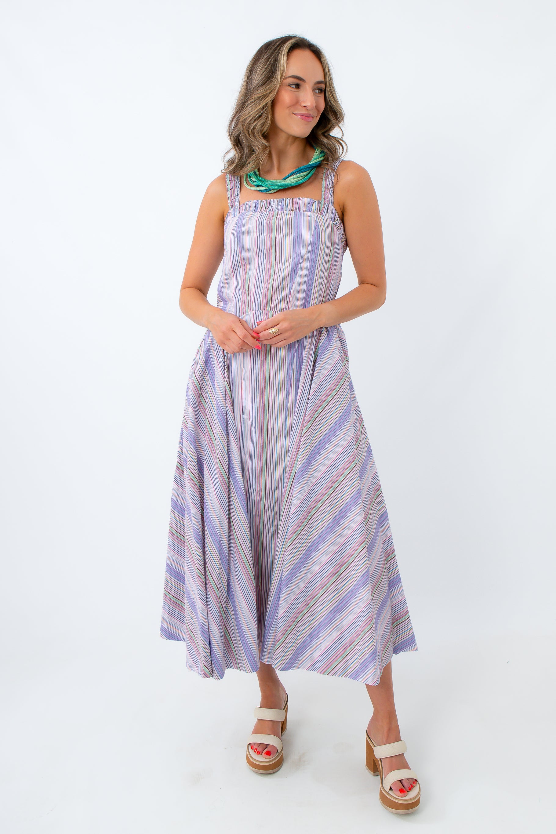 purple and green Stripe Square Neck Midi Dress