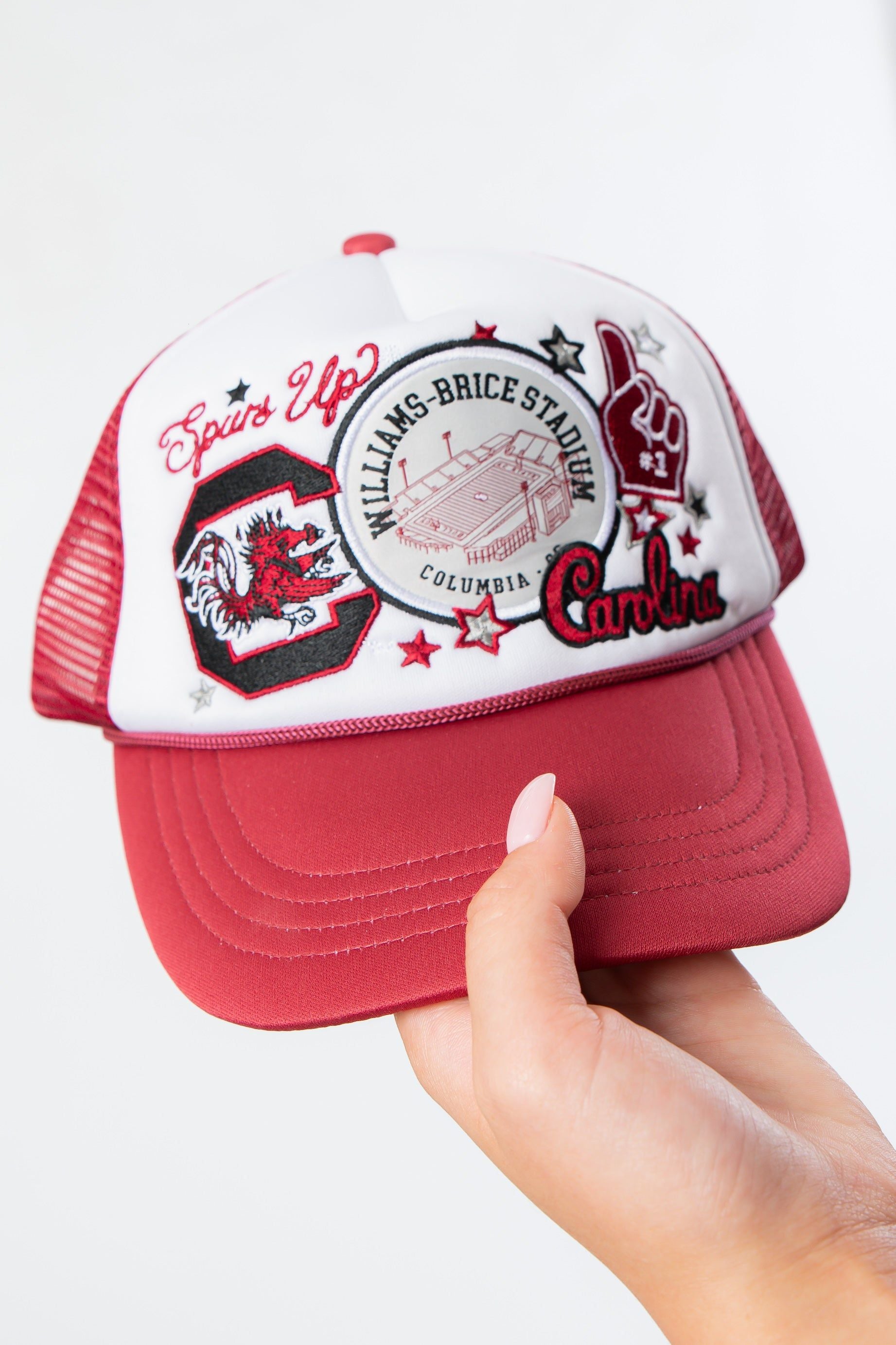 USC Foam Trucker Hat - GS White/Maroon featuring Williams-Brice Stadium patch, Gamecocks logo, and 'Spurs Up' embroidery, ideal for fans.
