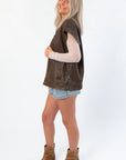 Side view of Bittersweet Chocolate Brown Faux Leather Oversized Vest – Modern Style showing relaxed fit and vegan leather texture for seasonal layering.