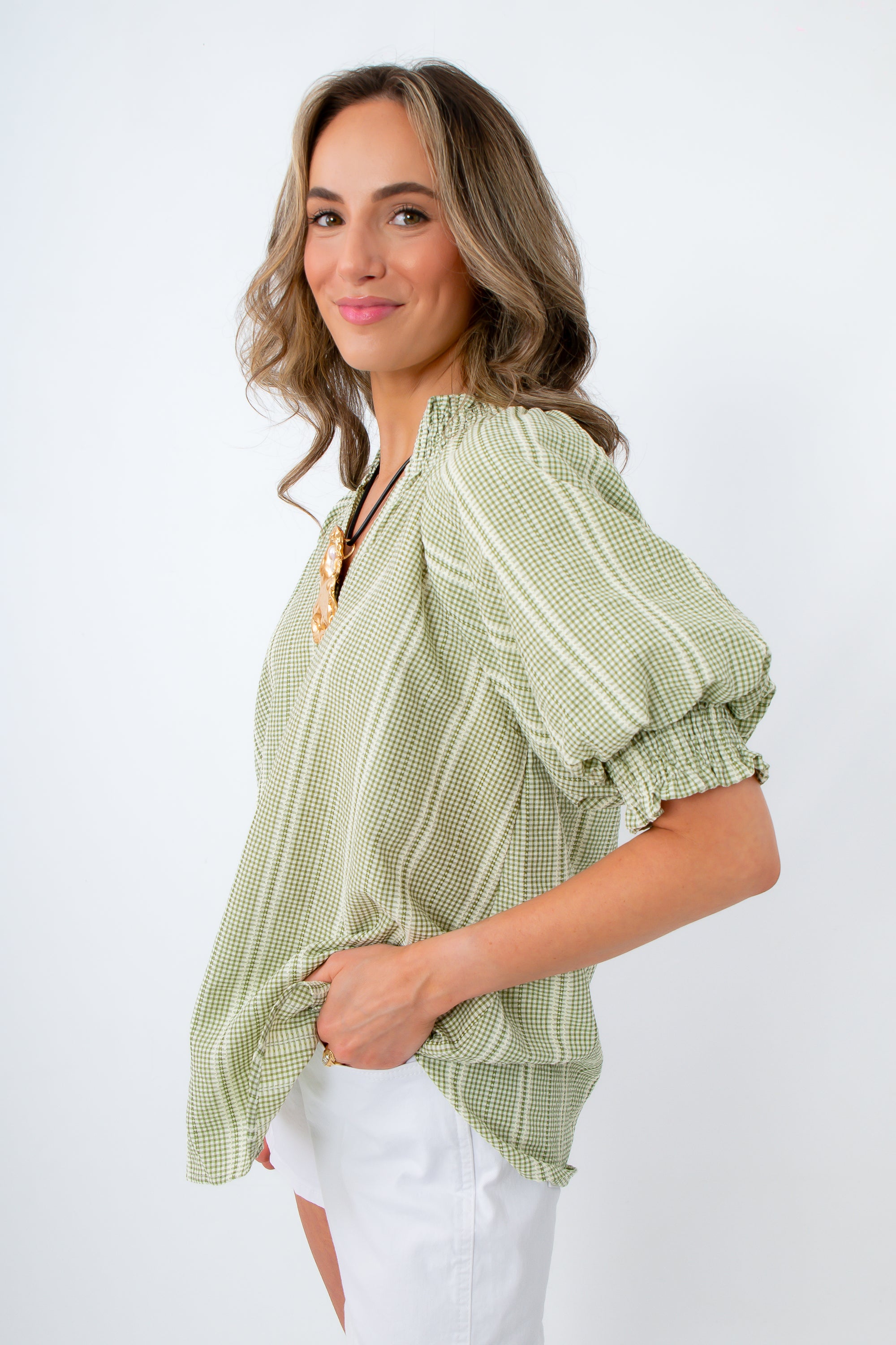 Farmer's Market Stroll Sage Gingham Blouse