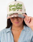 Good Days on My Mind Pattern Play Canvas Trucker Hat with embroidered front text and colorful patterned brim, available at L Mae Boutique.
