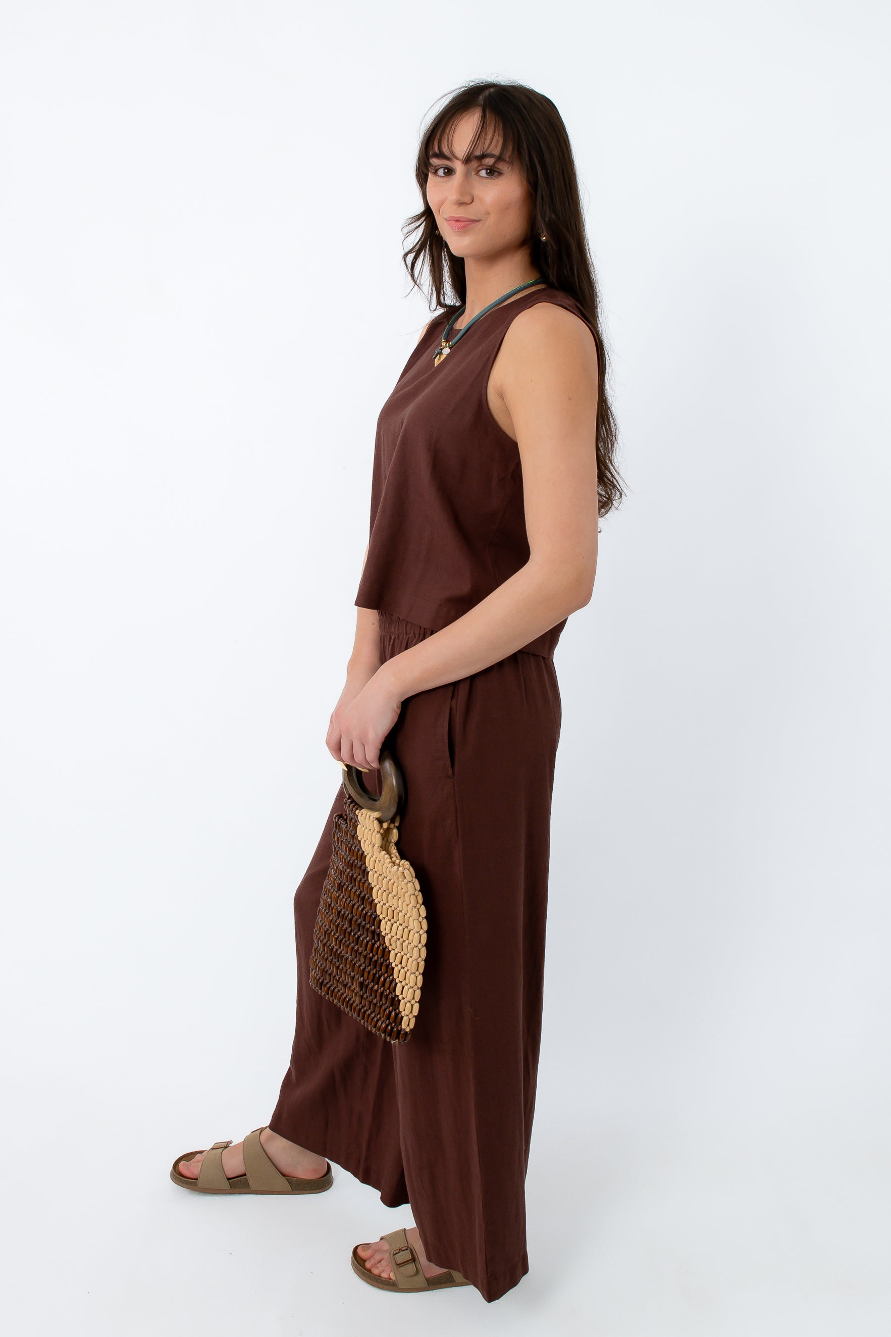 Women wearing Z Supply Chocolate Cherry Scout Linen Pant in relaxed linen style