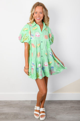 Queen Of Sparkles Mint Under the Sea Poof Sleeve Dress-Queen of Sparkles-L. Mae Boutique