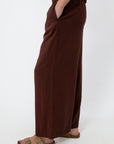 Brown linen pants for women, relaxed fit, side pockets, casual style