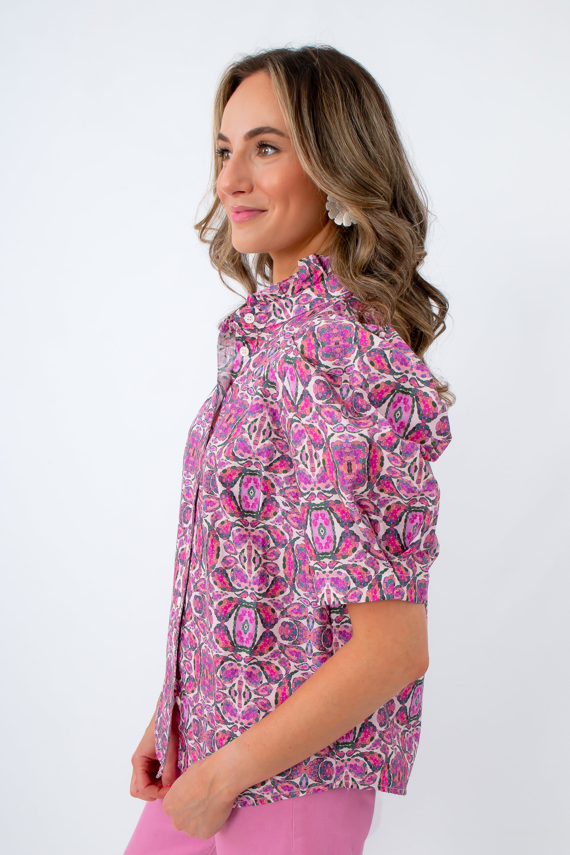 pink and purple Kaleidoscope printed top for summer workwear