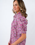 pink and purple Kaleidoscope printed top for summer workwear