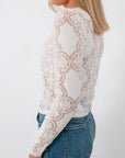 Back view of white lace blouse with floral embroidery and round neckline