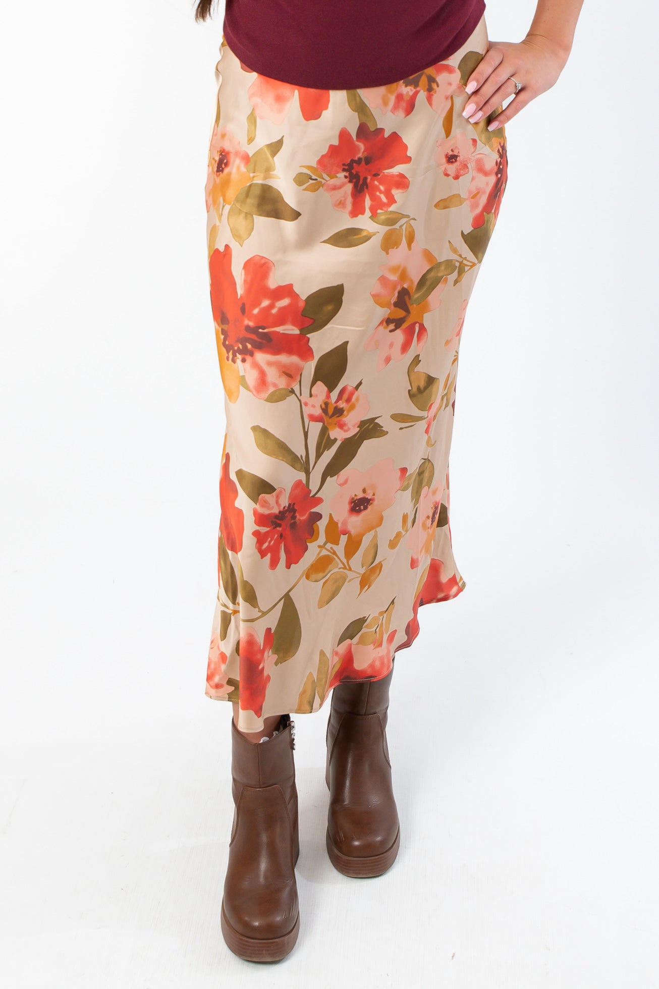 Wildflower Waltz Floral Printed Midi Slip Skirt from Wild Mabel Clothing featuring a vintage-inspired fall floral print in warm tones.