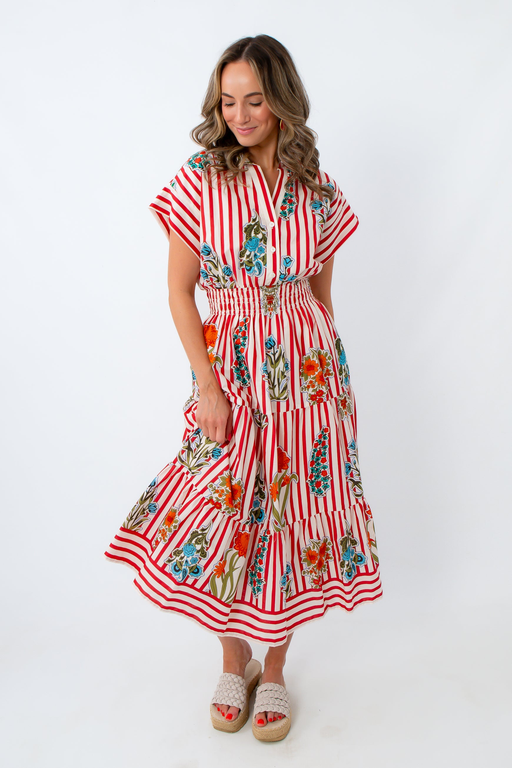 red white and blue floral striped dress for the 4th of july weekend at the beach