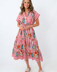 THML Poppy Red Stripe Floral Cinched Waist Midi Dress