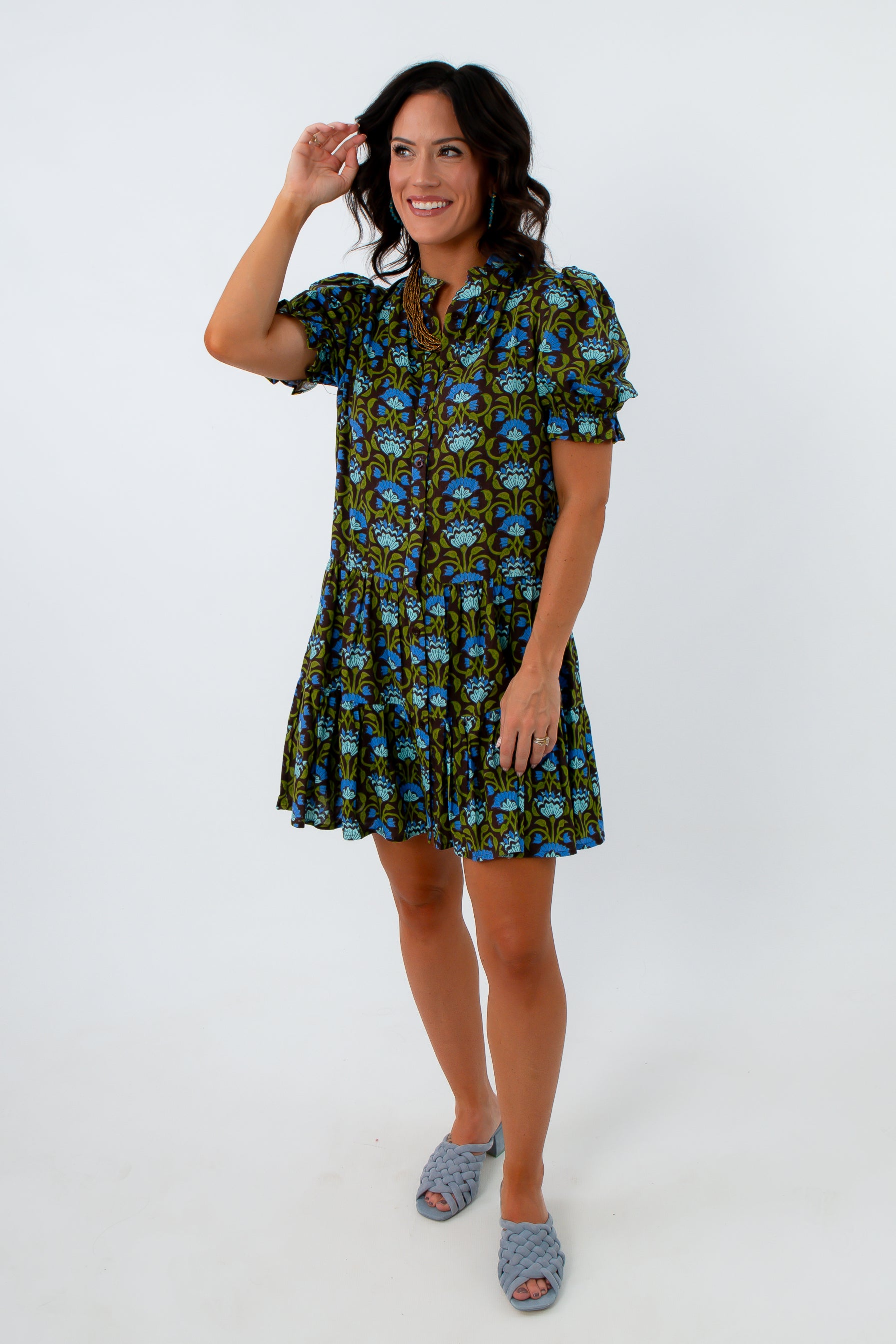 Morning Glory Blue & Green Floral Puff Sleeve Dress