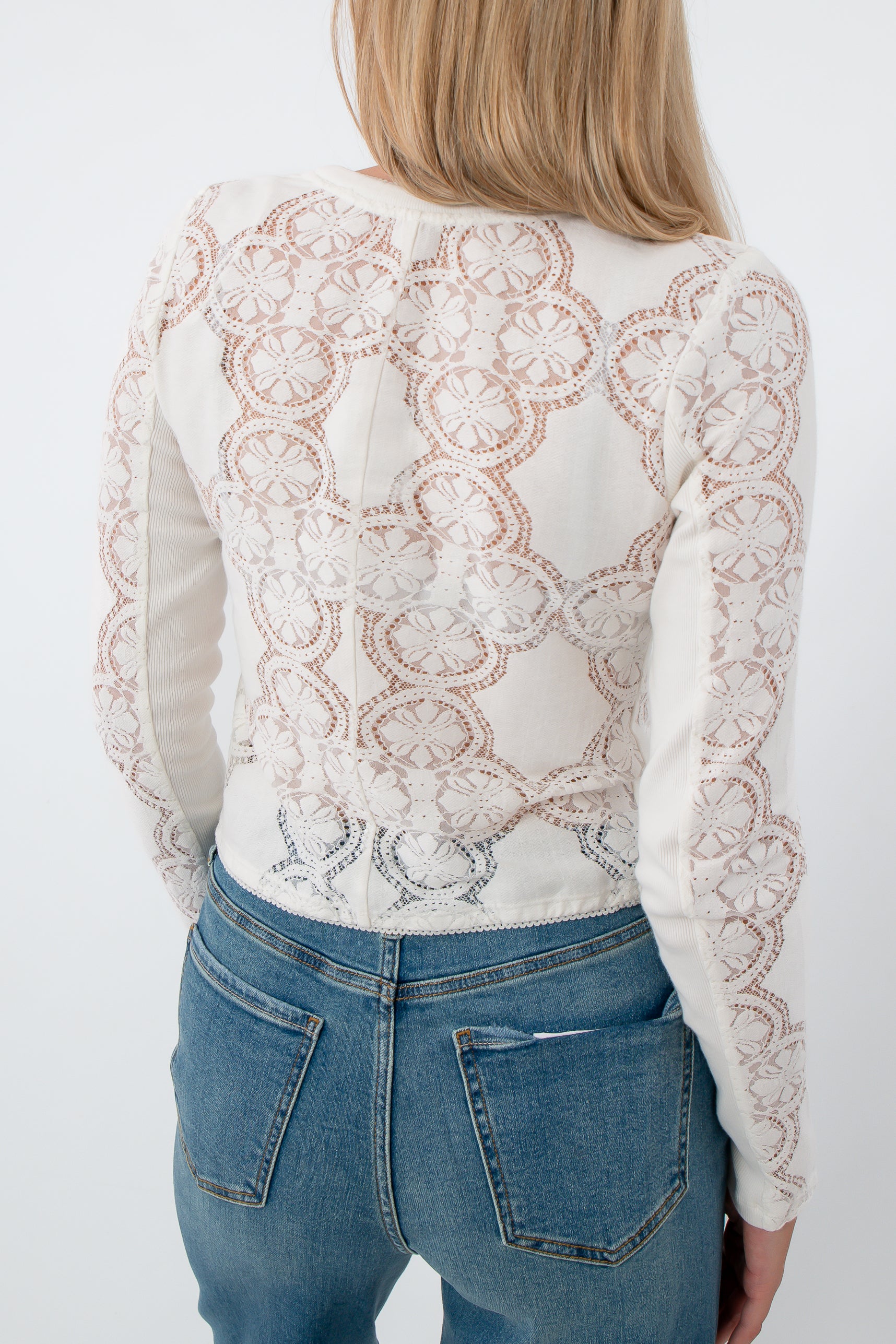 White lace long sleeve blouse with floral pattern for women