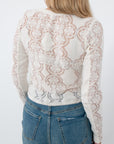 White lace long sleeve blouse with floral pattern for women
