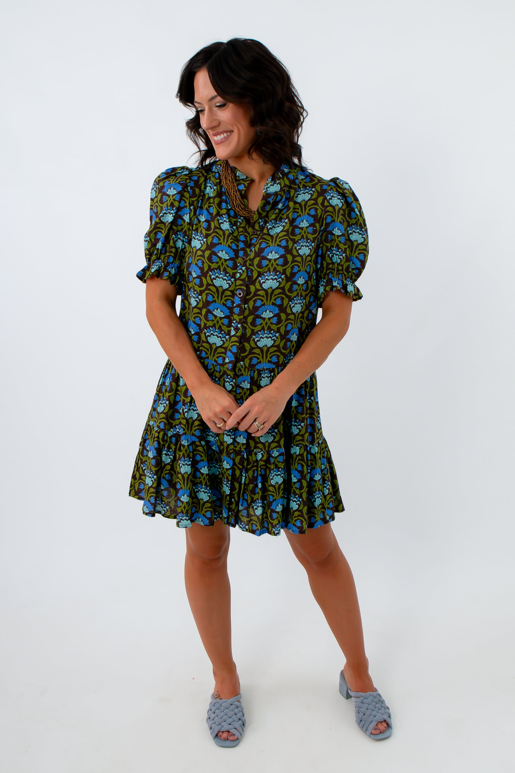Blue and green floral puff sleeve dress for fall, brown and blue floral dress, floral mini dress, fall mini dresses