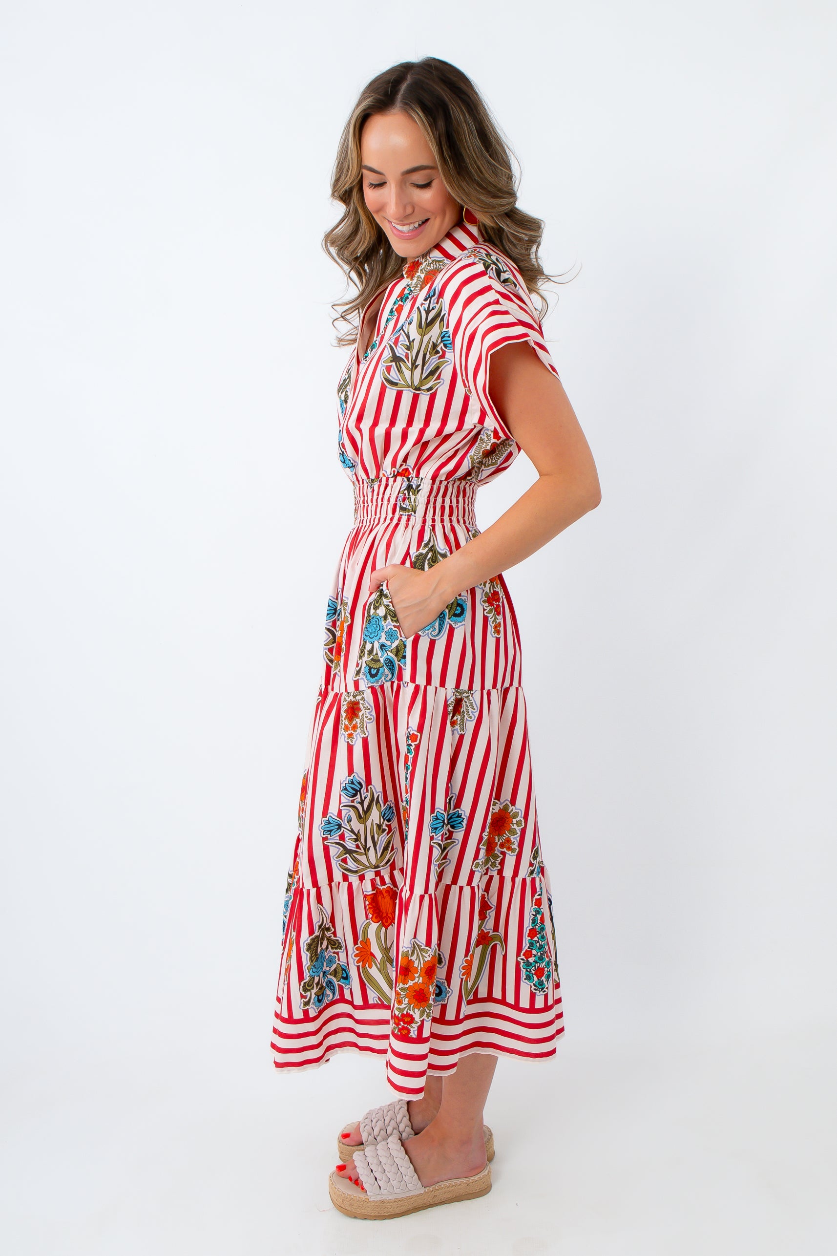 thml red white and blue midi dress