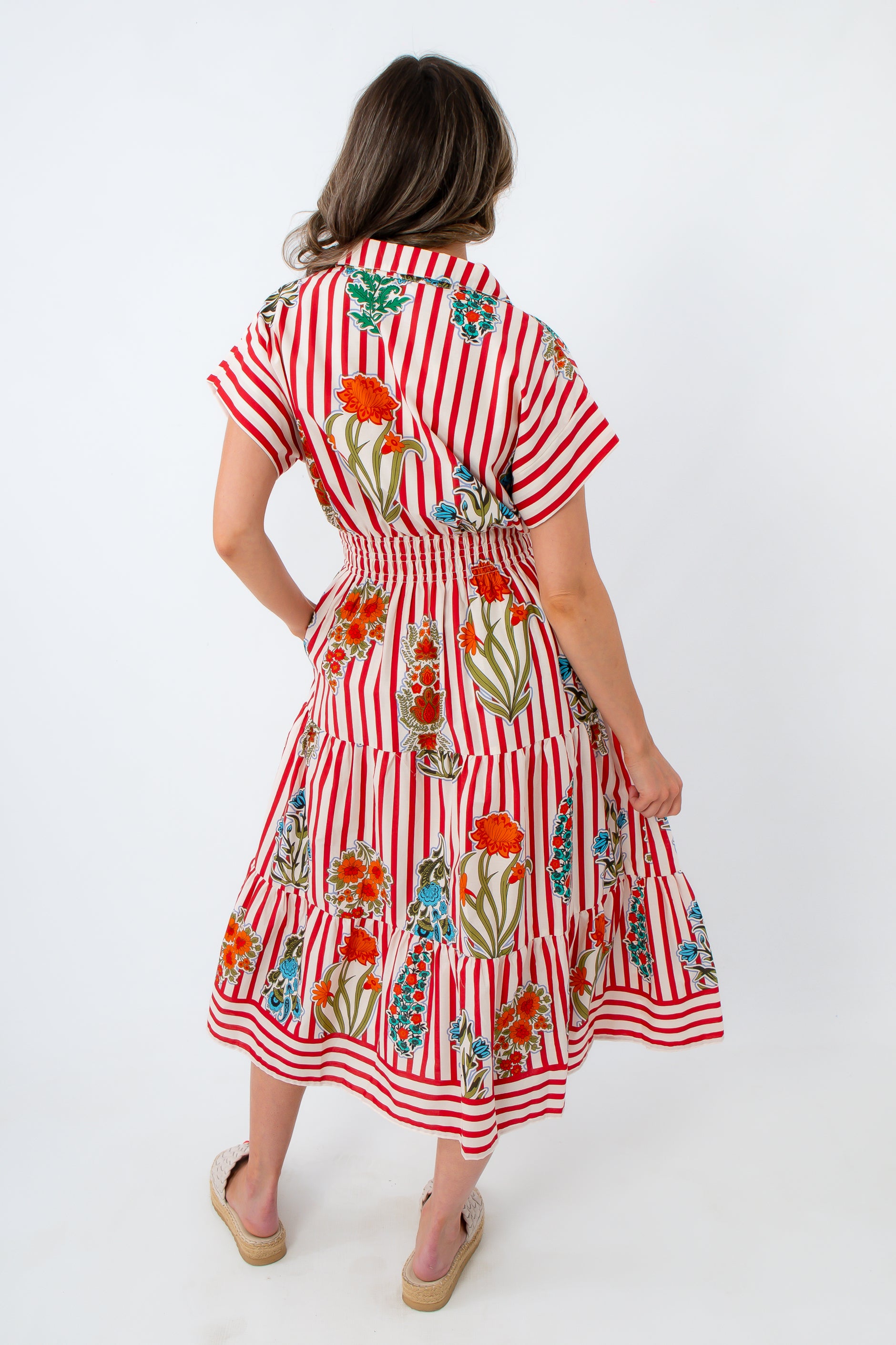 THML Poppy Red Stripe Floral Cinched Waist Midi Dress