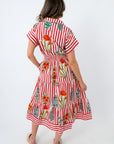 THML Poppy Red Stripe Floral Cinched Waist Midi Dress
