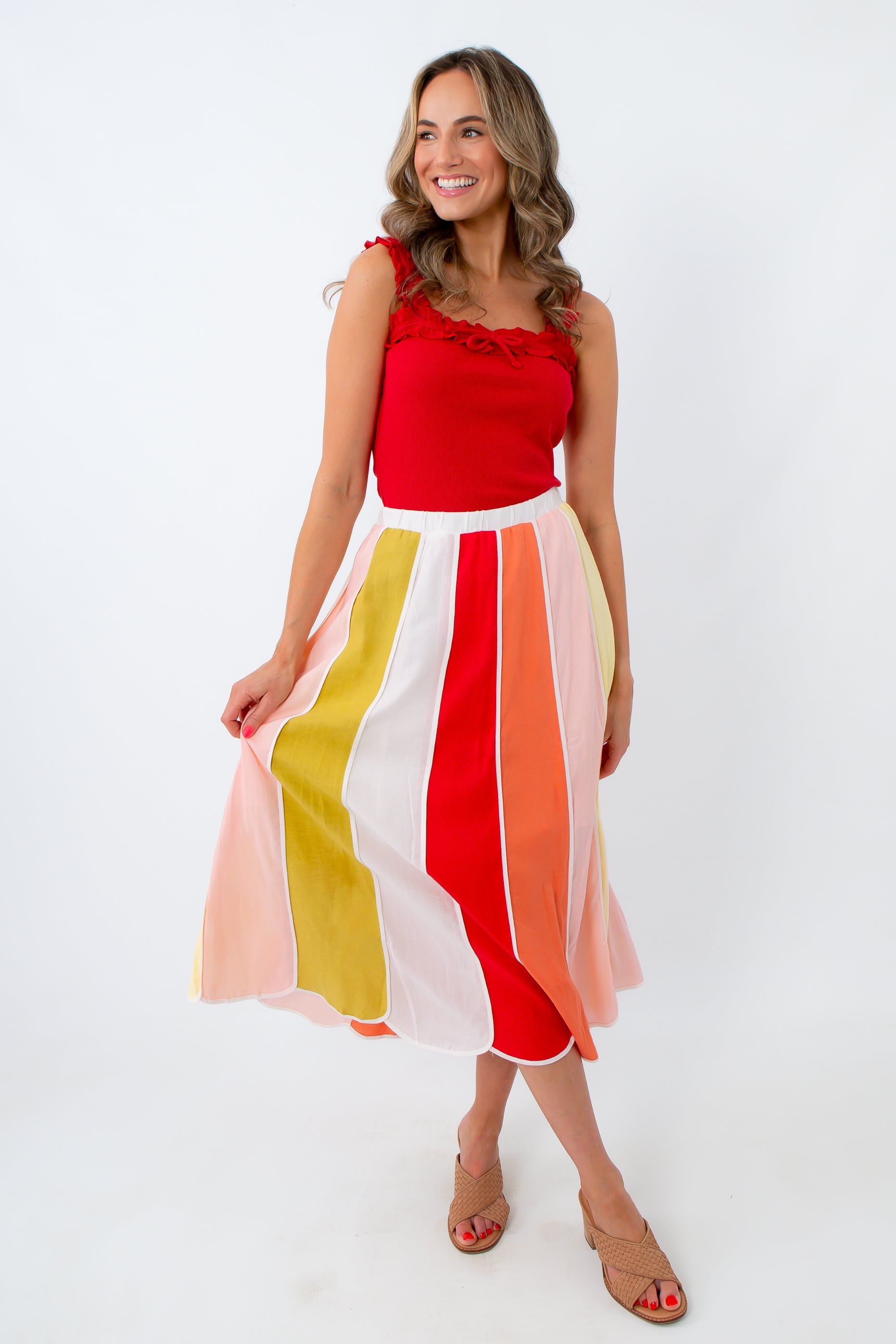colorful summer colorblock midi skirt
