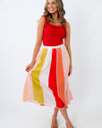 colorful summer colorblock midi skirt
