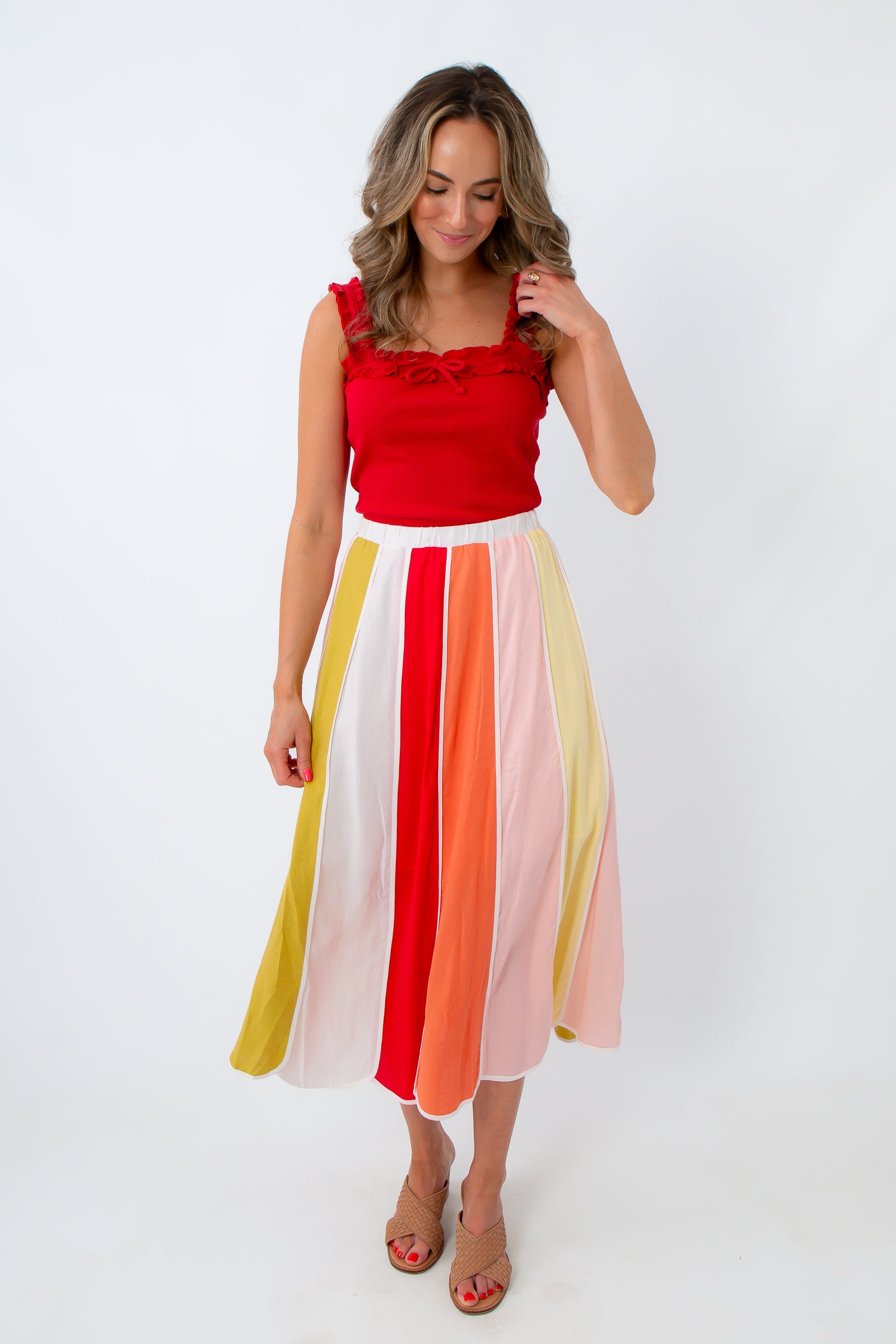red and yellow and orange and chartreuse panel midi skirt