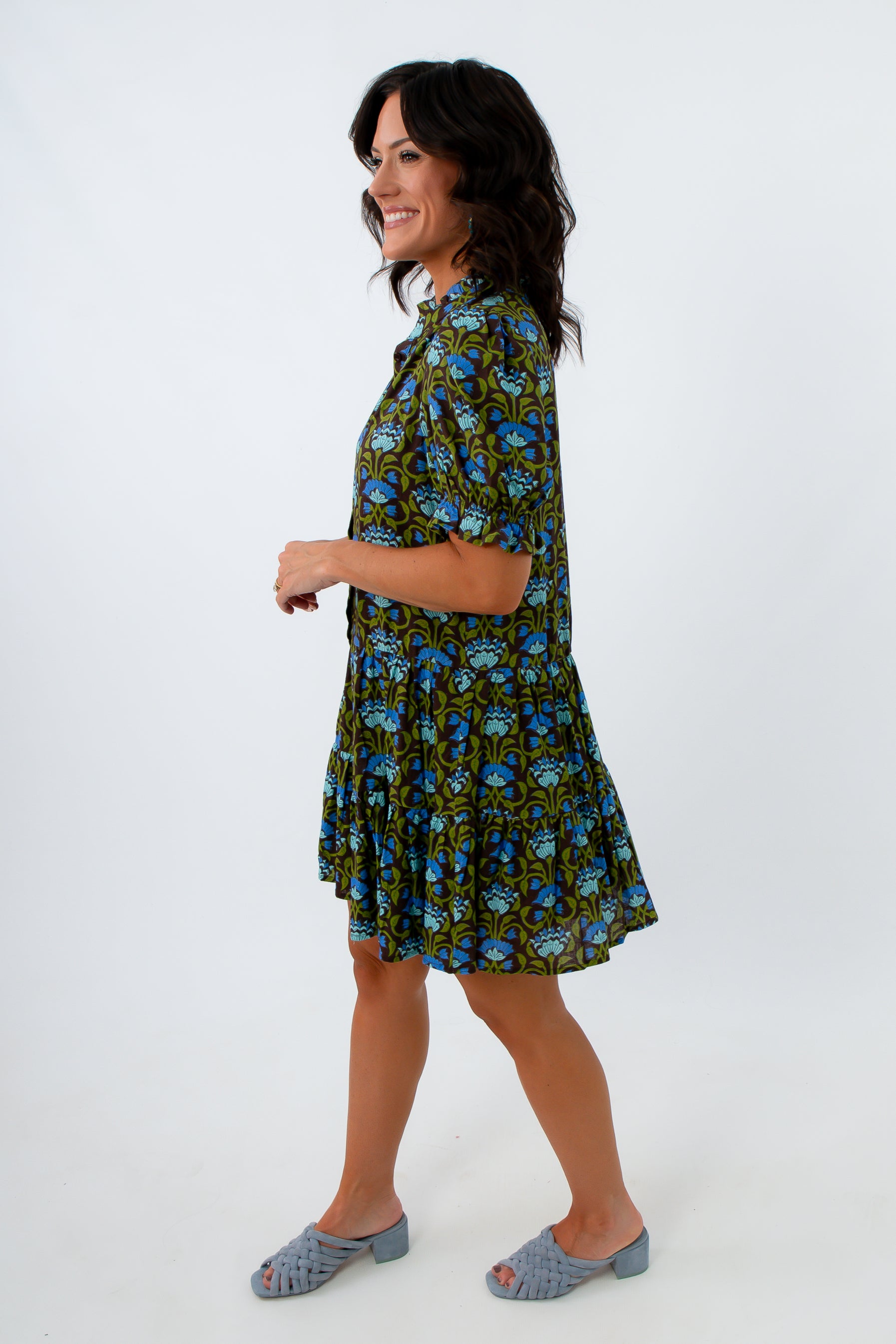 Brown block print button front mini dress, floral dress with buttons down the front, floral dress with puff sleeves, fully lined floral dress