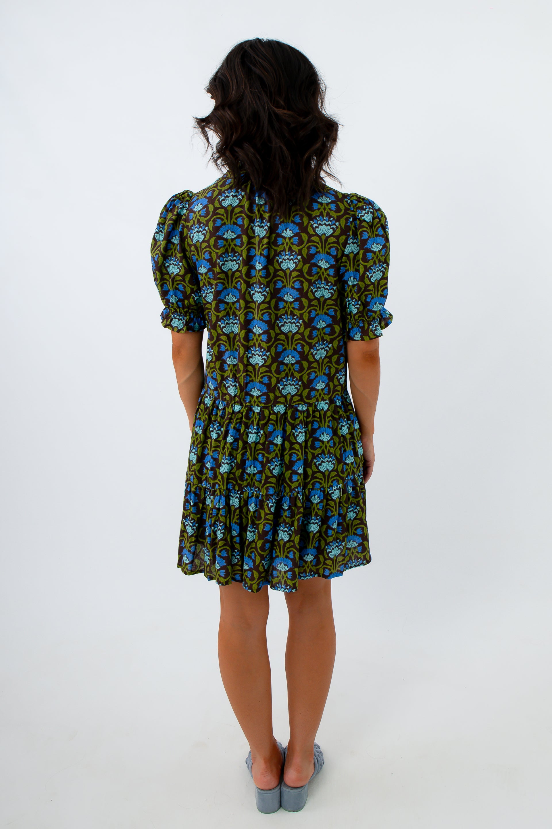 Fully lined fall floral mini dress with ruffle collar and puff sleeves, brown and blue mini dress, blue and green floral dress