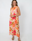 Vibrant floral maxi dress with pink, orange, and green print, sleeveless, elegant for wedding guests