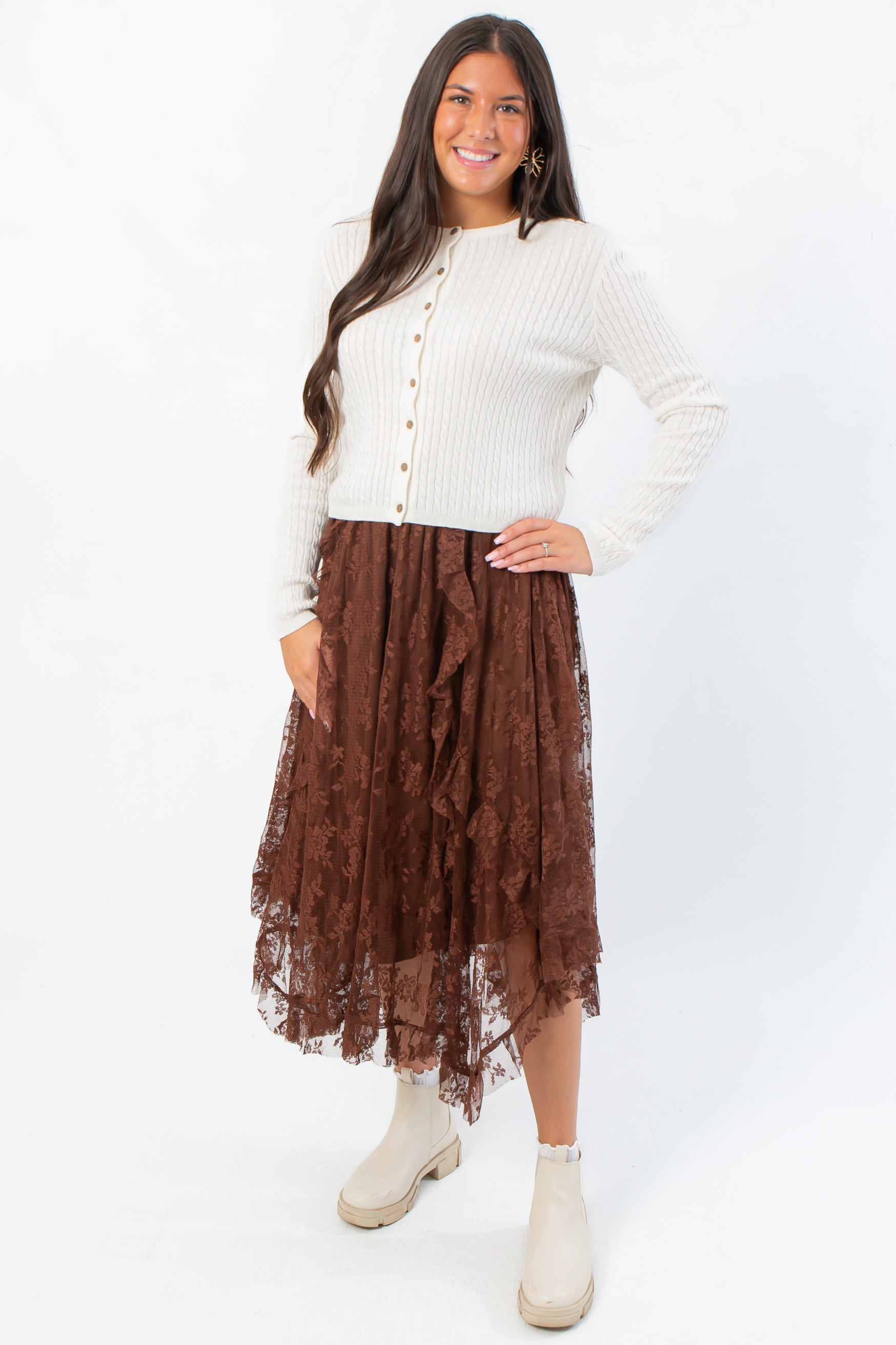 Ruffled Serene Mocha Lace Maxi Skirt paired with a white ribbed sweater, perfect for elegant boho or Thanksgiving outfits.