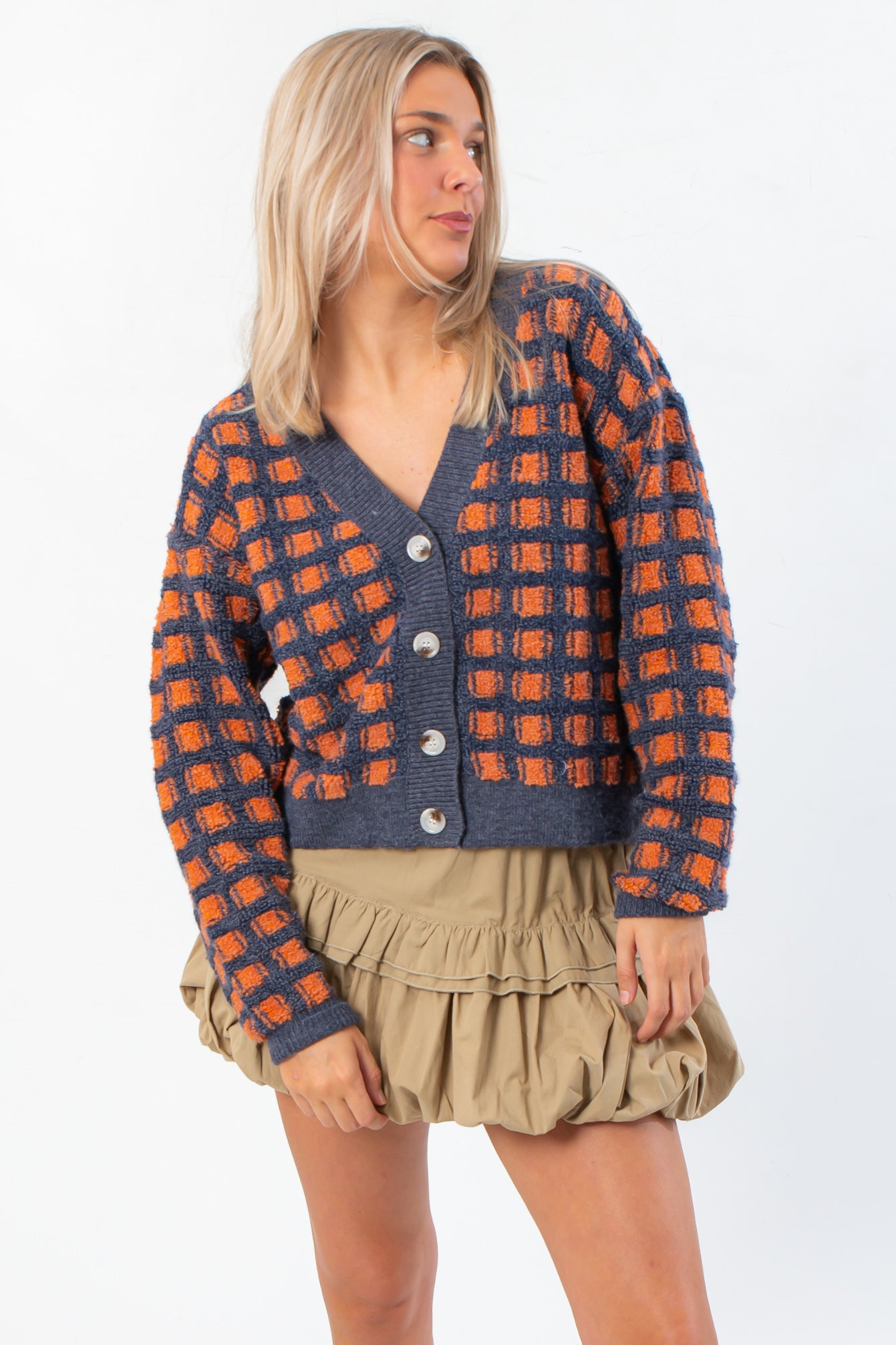 Front angle of Blue Ridge Plaid Checkered Cardigan featuring large buttons and textured plaid knit, perfect for autumn layering.