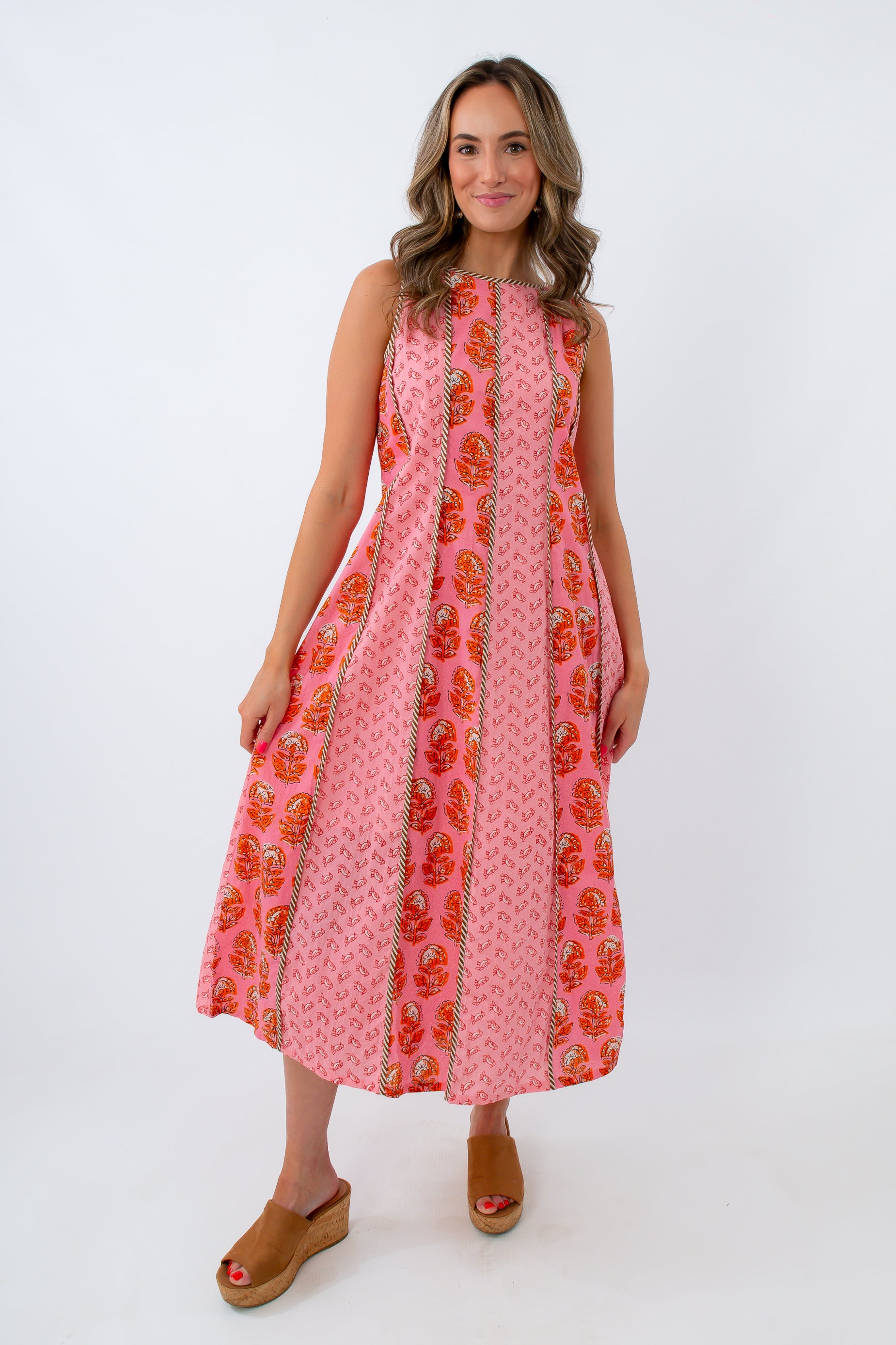THML Songbird Sunset Pink Patterned Midi Dress
