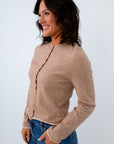 Beige button front cardigan with rolled hem, beige long sleeve top with button front, fall layering
