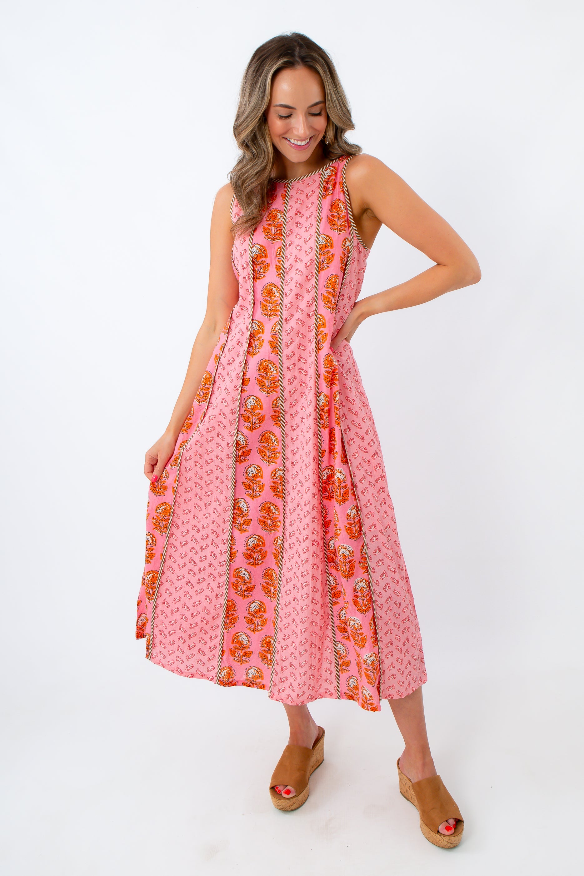 Bird print cotton midi dress