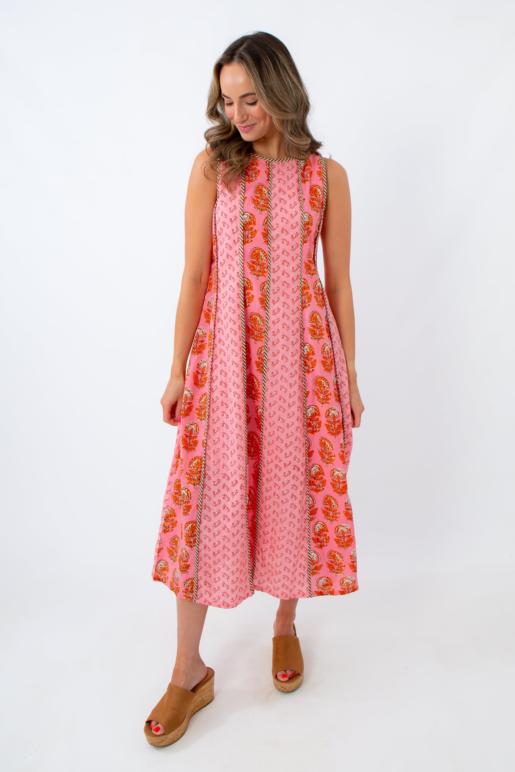 pink and orange blockprint midi dress by THML at L. Mae Boutique