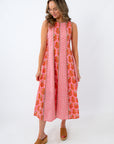 pink and orange blockprint midi dress by THML at L. Mae Boutique