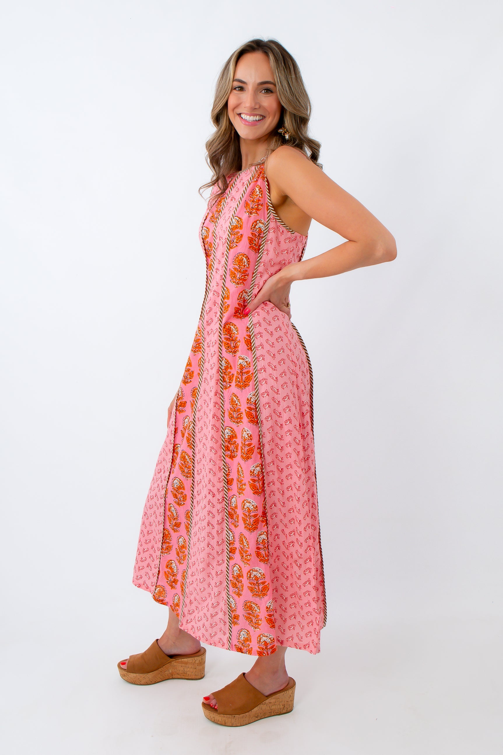 THML Songbird Sunset Pink Patterned Midi Dress