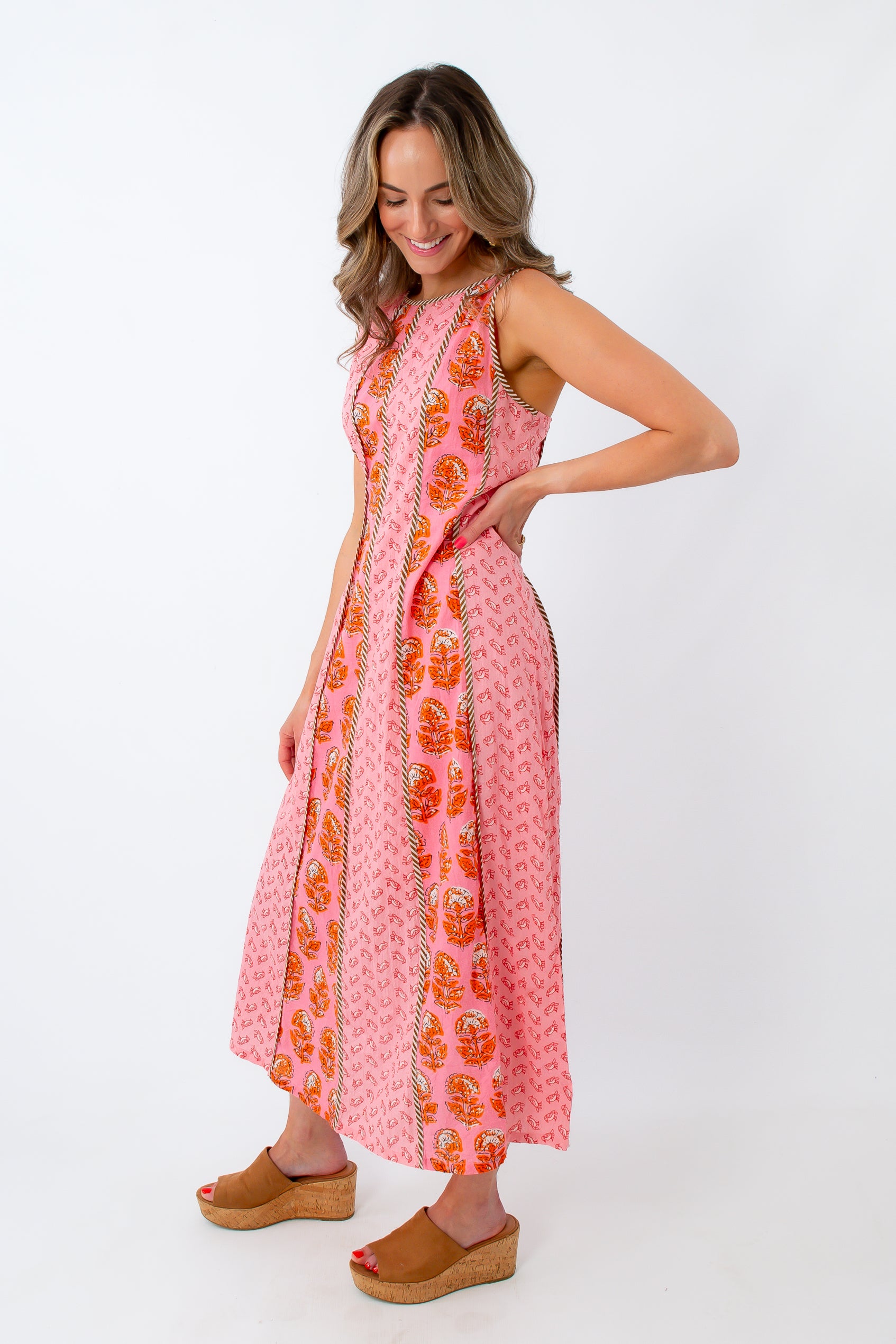 THML Songbird Sunset Pink Patterned Midi Dress