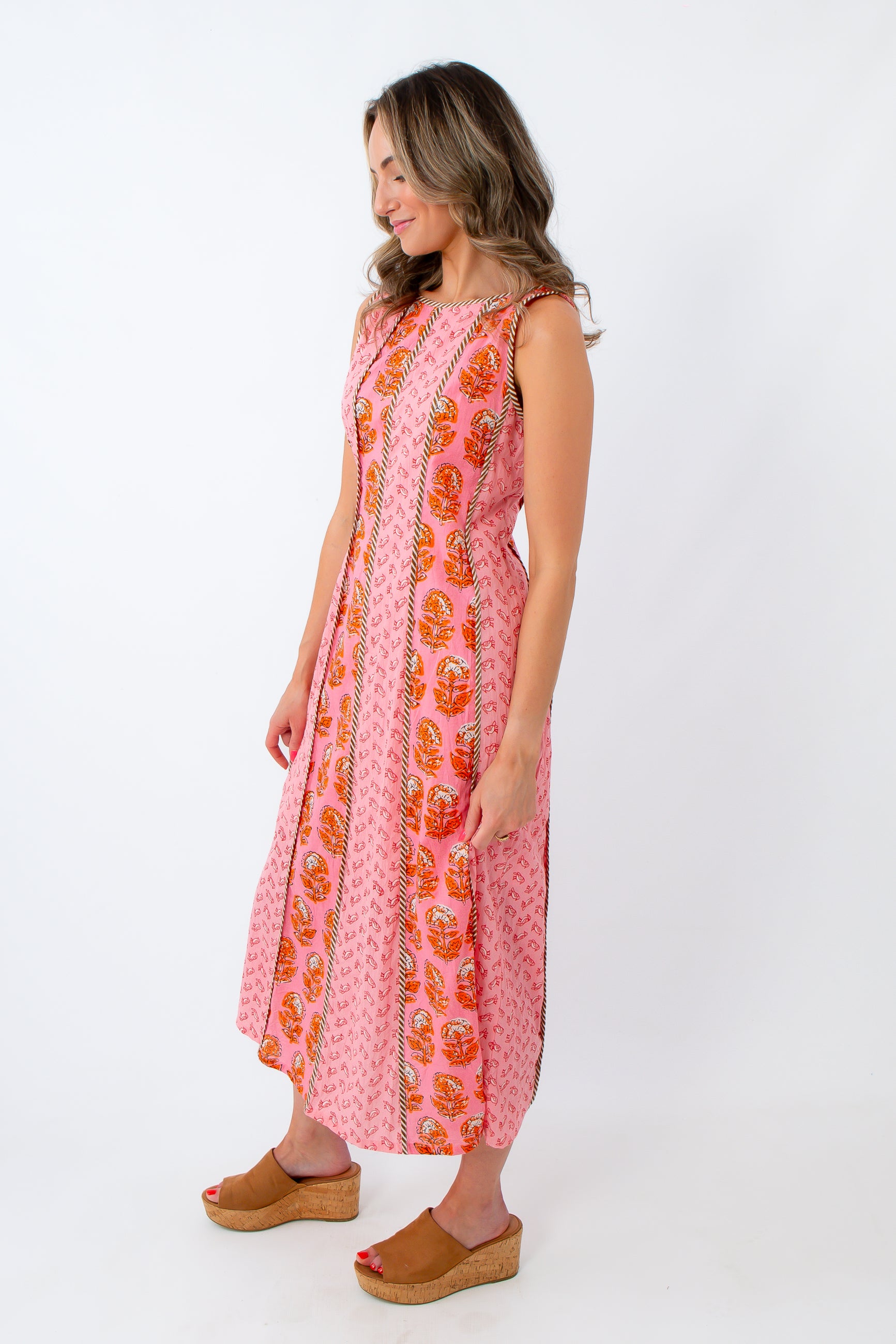 THML Songbird Sunset Pink Patterned Midi Dress