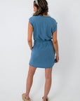 Blue casual dress with elastic waist and rolled sleeves