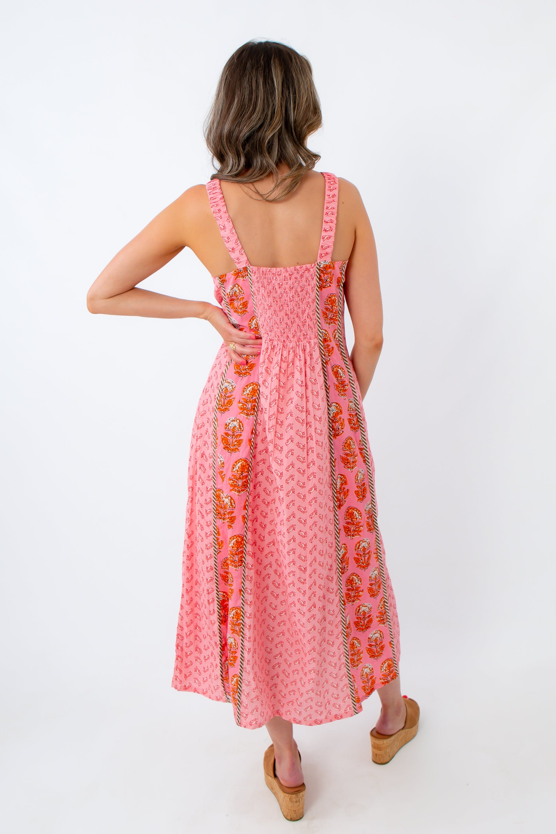 THML Songbird Sunset Pink Patterned Midi Dress