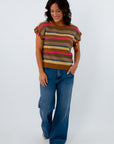 Sunday Funday Striped Sleeveless Sweater with pom poms, brown short sleeve sweater with colorful stripes
