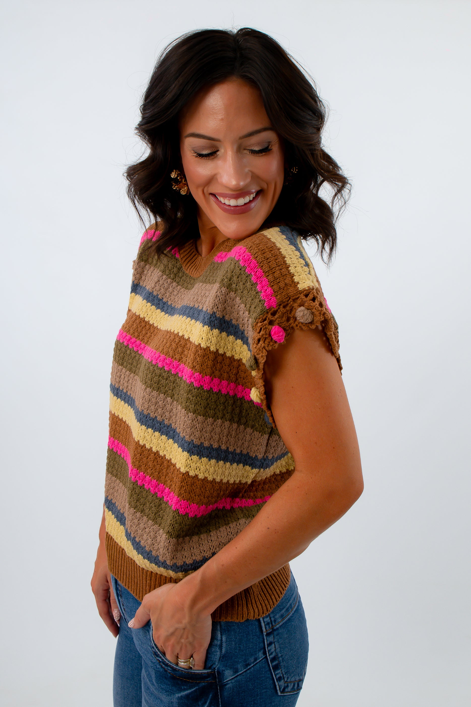Brown short sleeve sweater with colorful stripes, fall lightweight sweater, fall sleeveless sweater