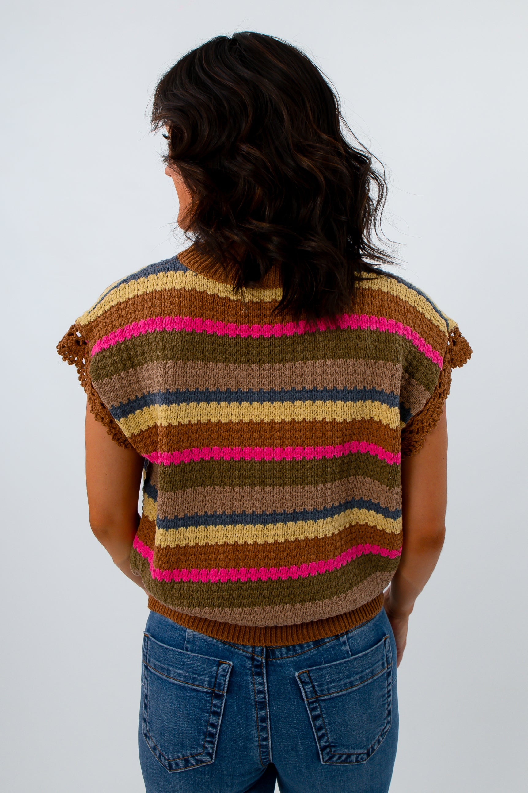 Lightweight fall sweater with sleeve detailing and pom poms, lightweight short sleeve sweater, brown sweater with colorful stripes