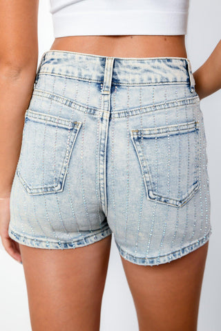 Iridescent Rhinestone Stripe Denim Shorts-Veveret-L. Mae Boutique