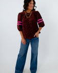 Burgundy velvet top with pink stripe and floral detailing, fall workwear, long sleeve burgundy velvet top