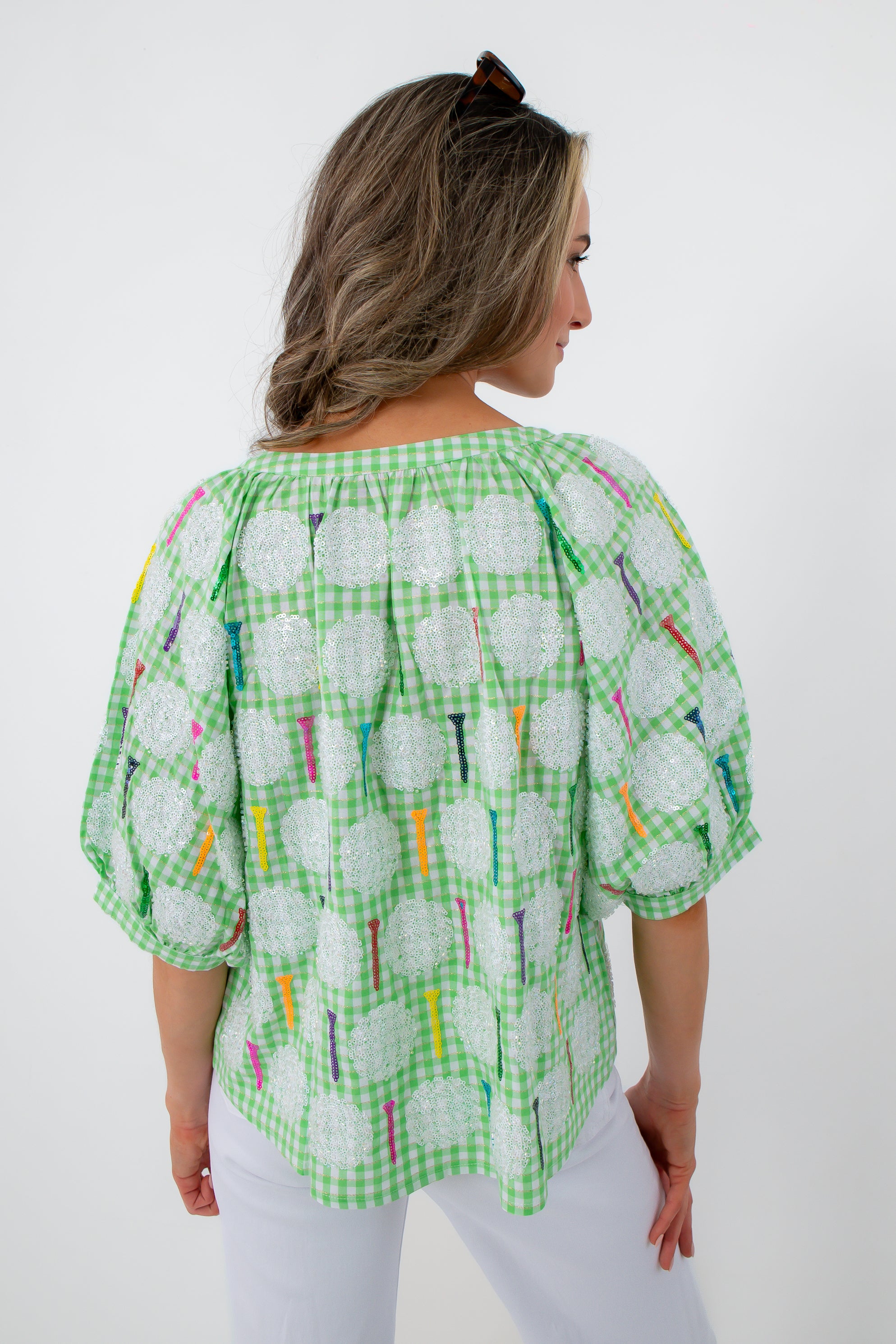 Green gingham sequin golf tee blouse with colorful embroidery for women