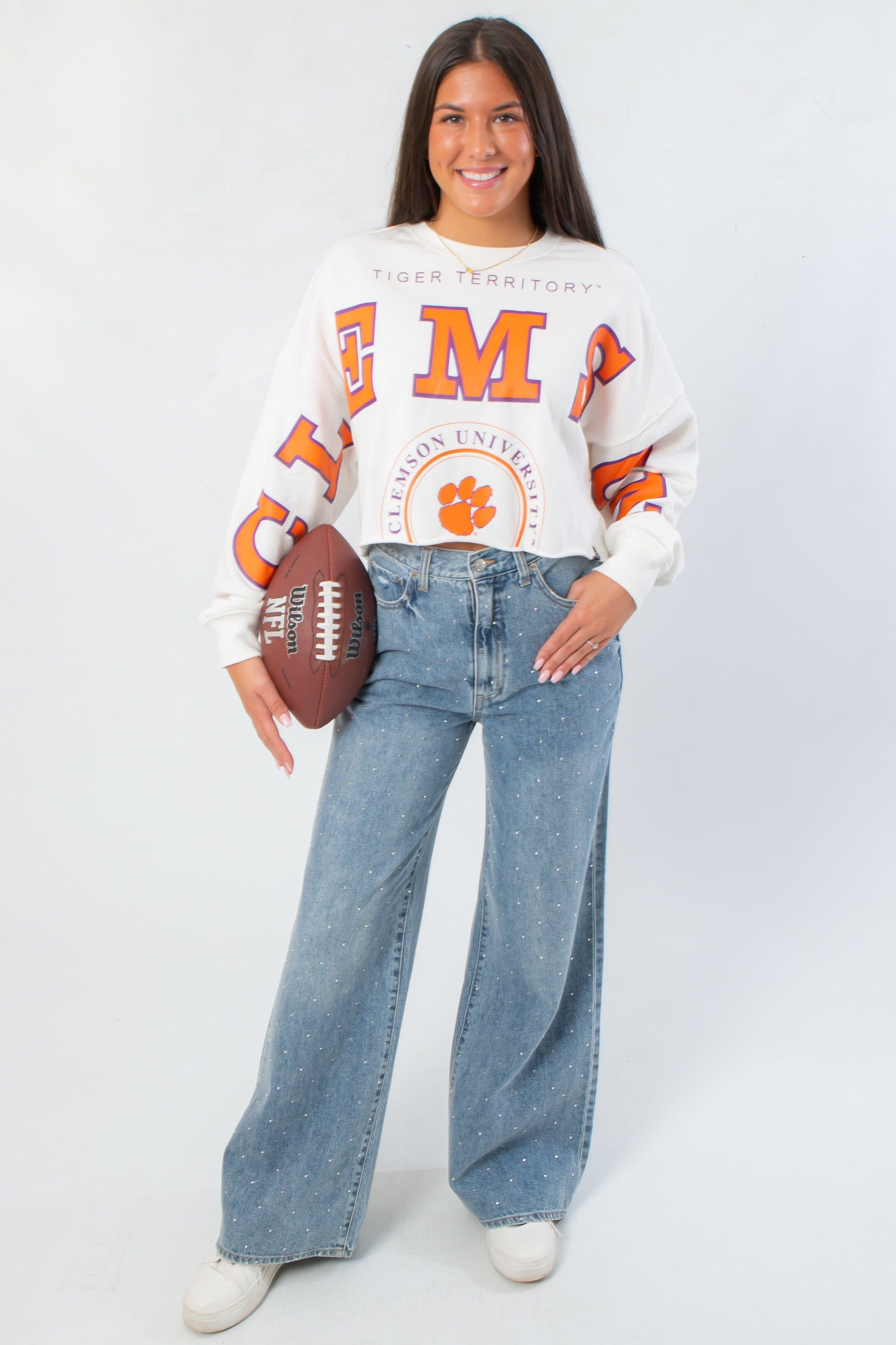 Lightweight Clemson Phipps Cropped Long Sleeve Top featuring dropped shoulders and Clemson University graphics, ideal for casual fan wear.