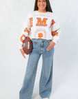 Lightweight Clemson Phipps Cropped Long Sleeve Top featuring dropped shoulders and Clemson University graphics, ideal for casual fan wear.