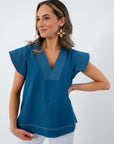 Denim twill blue short sleeve blouse with contrast stitching, women's fashion top