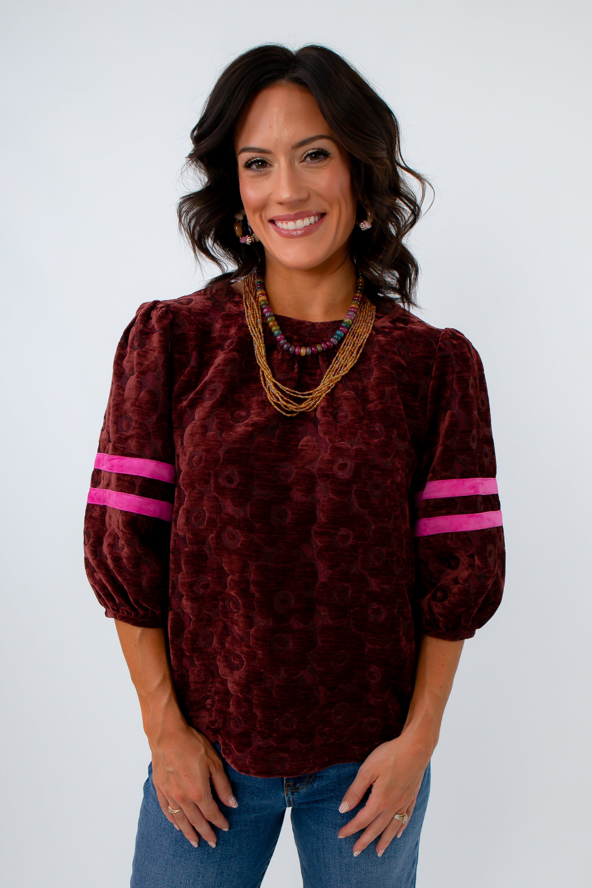 Melanie Floral Velvet Burgundy &amp; Pink Stripe Top